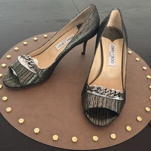 Jimmy Choo Silver/Black Fabric Crystal Chain Link D'orsay Pumps Size 39.5